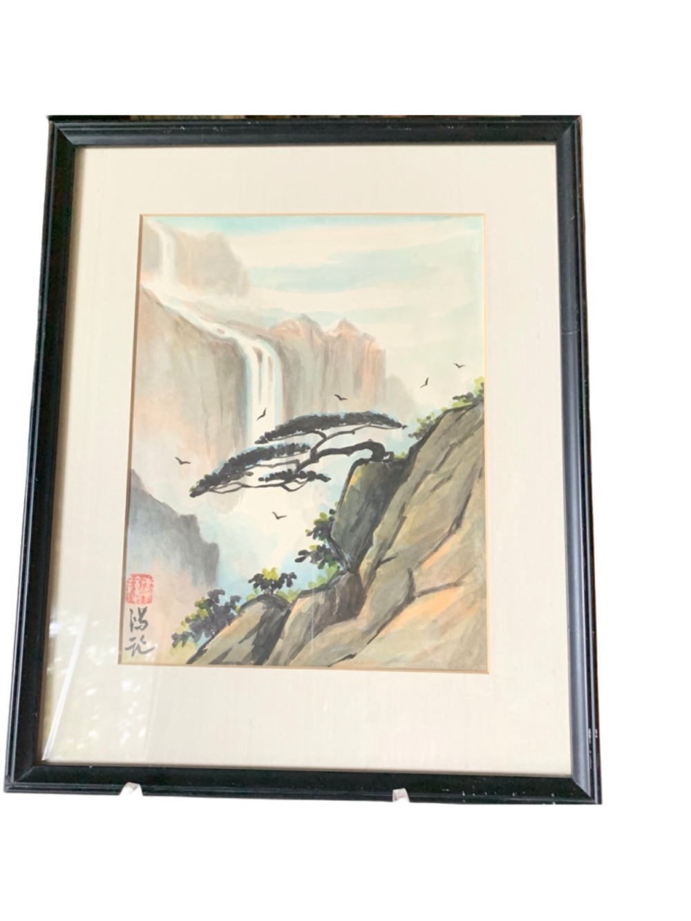 Vintage East Asian Landscape Painting, framed, Grey & Blue